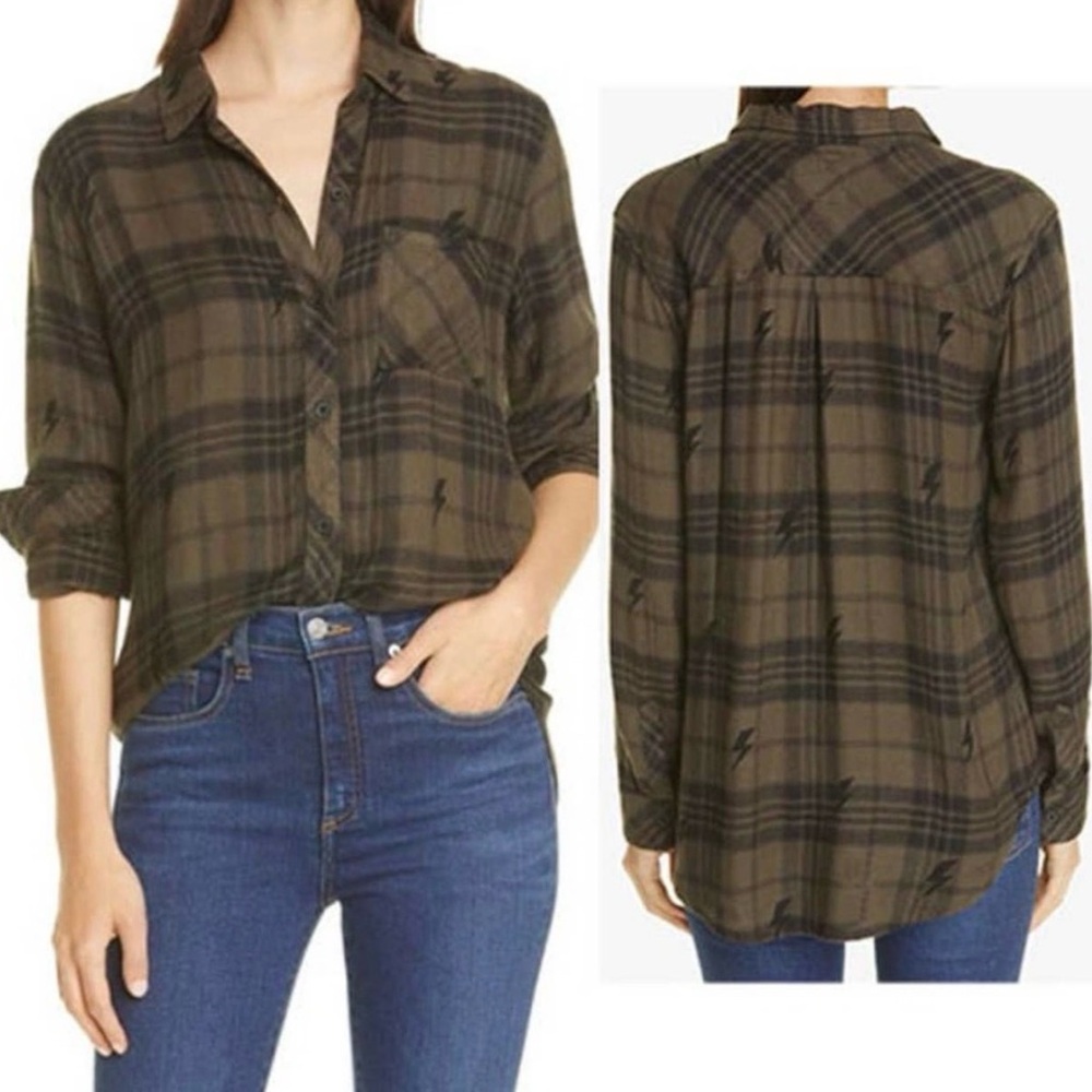 Rails Top Shirt Womens Small Green Olive Jet Lightning Hunter Plaid Button Up